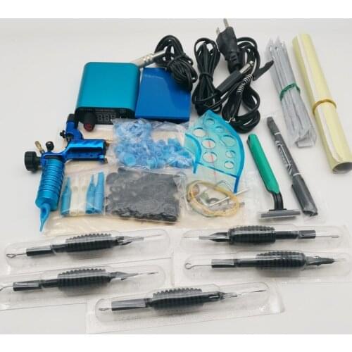 Beginner Tattoo Guns Kits KT07 Blue Style Rotary Machines Gun Needles Mini Steel Power Supply Acrylic Foot Pedal Thermal Paper
