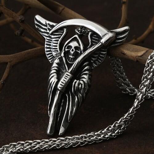 Gothic Grim Reaper Death Scythe Skull Necklace For Men Punk Biker Stainless Steel Chain Necklace Pendant Male Hip Hop Jewelry