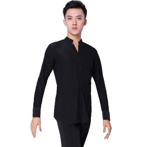 Men Latin Dance Shirt Top Ballroom Modern Salsa Samba Stretch Long Sleeve White Black Top Dancewear 904-B184