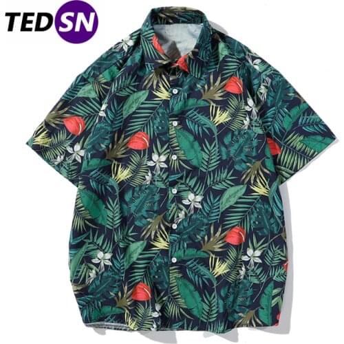 Tropical Plant Print Hip Hop Men Shirts Streetwear Harajuku Loose Short Sleeve 2020 Summer Hawaii Beach Tpos Green