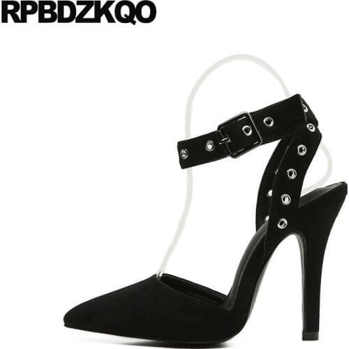 Exotic dancer pumps black ultra korean stiletto super pointed toe summer extreme ankle strap ladies suede thin high heels shoes