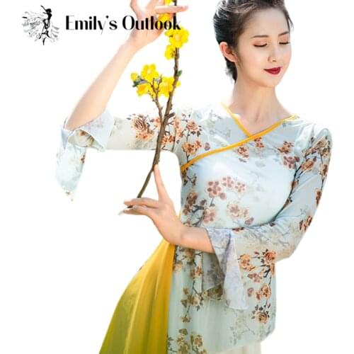 Womens Classical Dance Modern Dance Performance Clothing Chinese Tradingtional Gauze Shirt Plum Blossom Print Green XL
