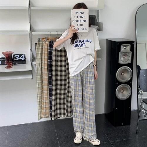 2021 womens plaid pants summer new Korean version of Japanese loose thin wide-leg pants wild straight casual pants trend