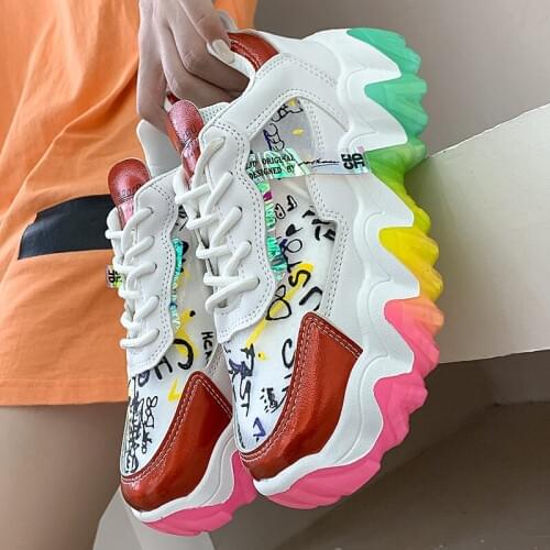 NEW Autumn Fashion Designer Colorful Bottom Vulcanized Shoes Woman Breathable Round Head Sneakers Lace Up Platform Casual Shoes