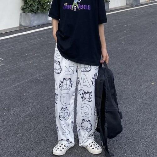 6XL Plus Size 2021 Autumn New Women Fashion High Waist Cartoon Cats Print Loose Wide Leg Pants Stylish Chic Casual Trousers