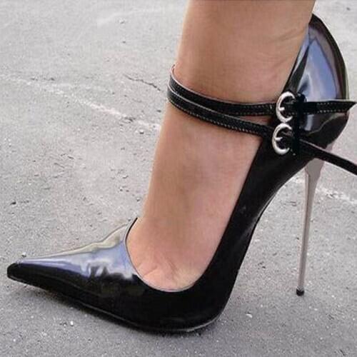 Sexy Silver Metal High Heels Women Pumps Black 12Cm/14Cm Stilettos Buckle Strap Pointed Toe Ladies Shoes