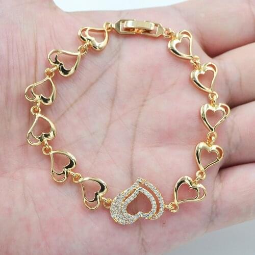 Gold Color AAA+ Cubic Zirconia Women Romantic Clear CZ Love Hearts Charm Bracelet Jewelry