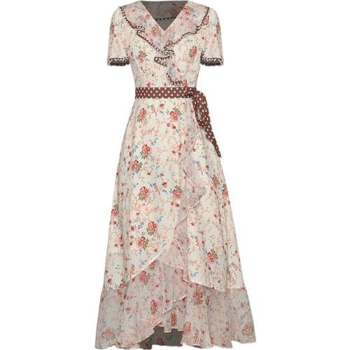 Runway Fashion Women Womens V-Neck Ruffles Floral Print Dots Belt Party Holiday Irregular Long Dress New