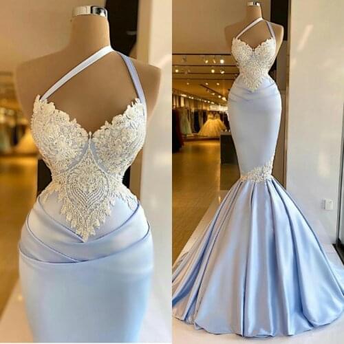 Sky Blue Evening Dresses Beaded Appliques Satin Sweep Train Mermaid Prom Dress Custom Made Women Formal Robes De Soirée