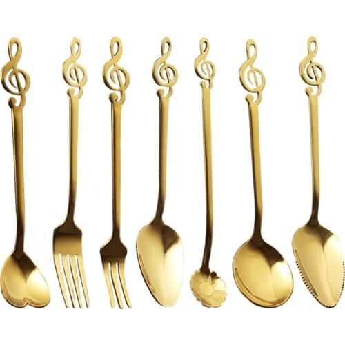 7Pcs Dessert Tableware Cutlery Coffee Spoon Fruit Fork Spoons Metal Gold Coffee Snacks Fruit Dessert Fork Kitchen Tool Teaspoon