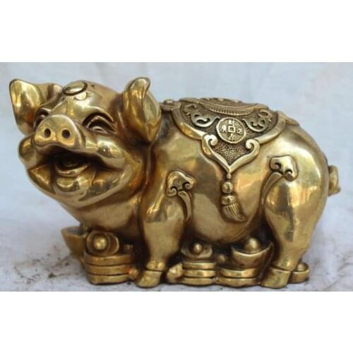 9" Chinese Bronze Carved Lucky Animal Wealth YuanBao Foo Fu Pig Swine States