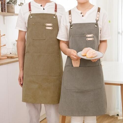 Canvas denim Apron leather strape work clothes home kitchen apron for women tea coffee flower shop workwear gowns delantal