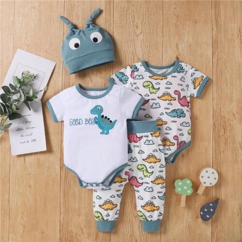 4Pcs Baby Summer Outfit Two Cartoon Dinosaur Print Short Sleeves Rompers + Pants + Hat for Toddlers 0-24 Months