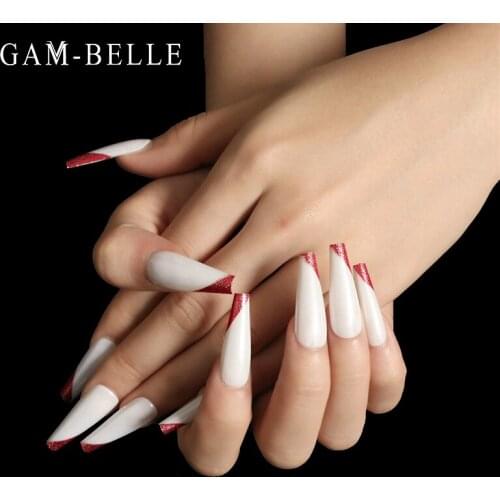 GAM-BELLE 24Pcs Detachable Long Coffin Fake Nails White French Red Glitter Tips Full Cover Artificial Press On Nails Decoration