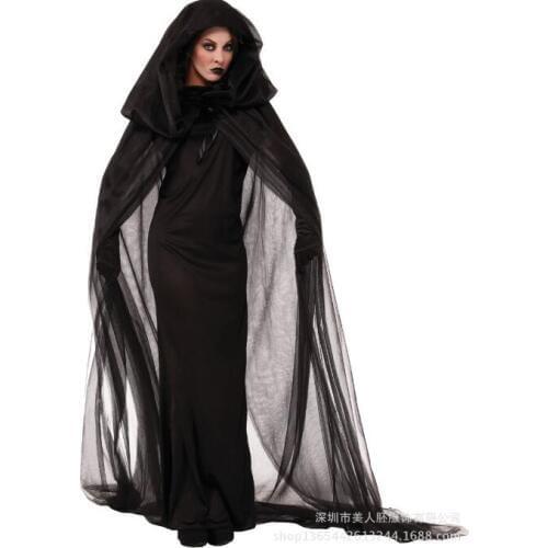 Halloween Ghost Bride Witch Vampire Queen Cool Black Dress And Cloak Uniform Cosplay Costume For Masquerade Party