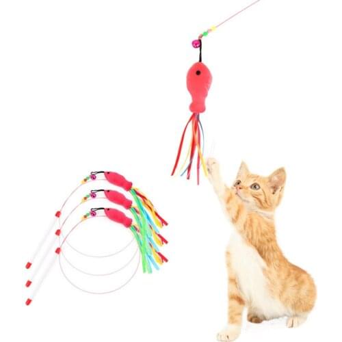Cat Toy Pet Cat Fishing Wand Interactive Steel Wire Kitten Fishing Rod Toy Kitten Teaser Toys for Cats Random color