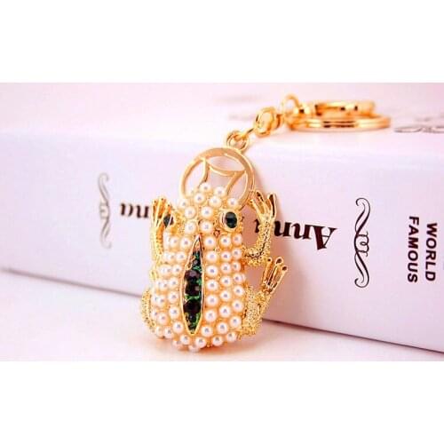 Cute Frog Keychain Imitation Pearl Rhinestone Keyring Crystal Animal Handbag Bags Pendant Key Chain Ring Holder For Car Women