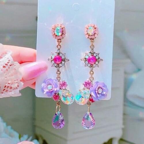 Fashion Rose Flower Drop Earrings for Women Bijoux Blue Long Tassel Crystal Dangle Earrings Weddings Party Jewelry Accessories