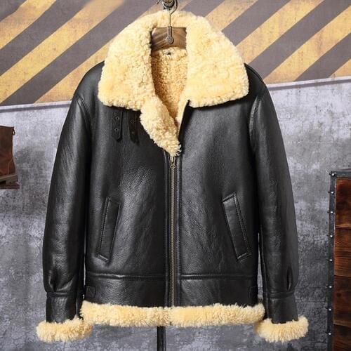 Mens B3 Sheepskin Coat Short Leather Jacket Airforce Flight Coat Motorcycle Jacket Winter Mens Fur Coat