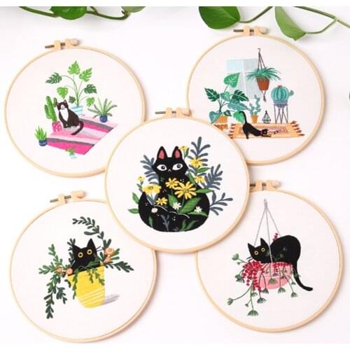 Flowers Plants DIY Embroidery Set Cat Pattern Handmade Cross Stitch Needlework Tools For Beginners Home Sewing HandCrafts Kit