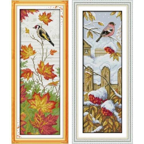 Autumn winter scenery cross stitch kit bird tree snow 14ct 18ct counted canvas fabric embroidery DIY handmade needlework plus