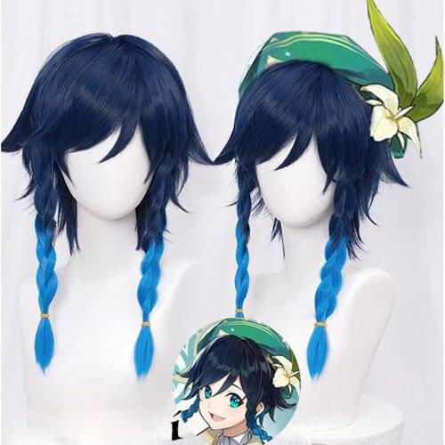 Genshin Impact Venti Cosplay Unisex 50cm Blue Wig Cosplay Anime Cosplay Braid Wigs Heat Resistant Synthetic Wigs Halloween