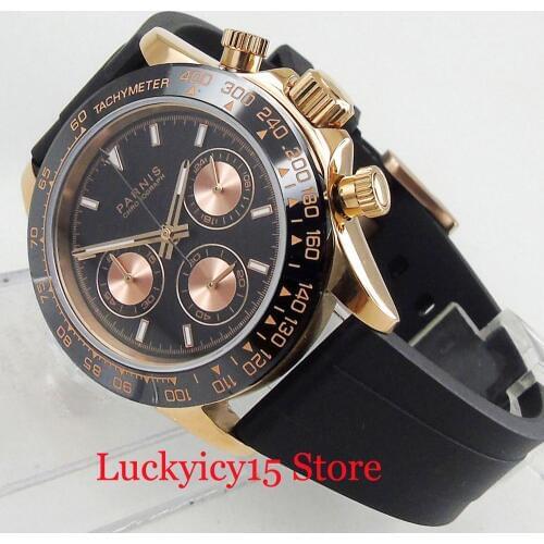 PARNIS Popular Gold Coated Case 39mm Quartz Mens Watch With Sapphire Glass Rubber Strap Chronograph Function