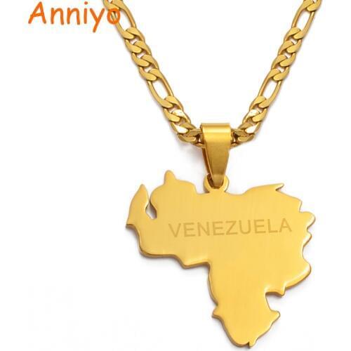 Anniyo Venezuela Map Pendant and Necklaces for Women/Men Gold Color & Stainless Steel Jewelry Venezuelan Gifts #038021
