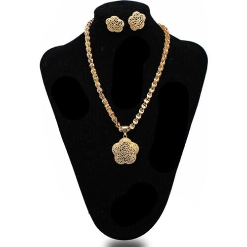 Gold Color Dubai India african Beads Pendant & Earrings Initial Chain for Women Necklace wedding bridal girlJewelry gift