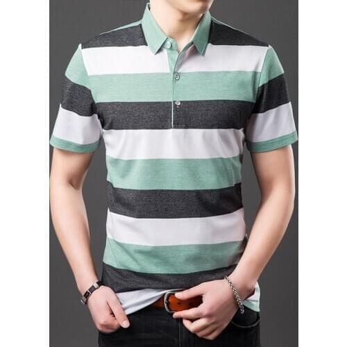 Stripe Mixed Colour Wide 2020 New Breathable Cotton Short Sleeve Turn Down Collar Tops Striped Polo Shirts Men Y5918