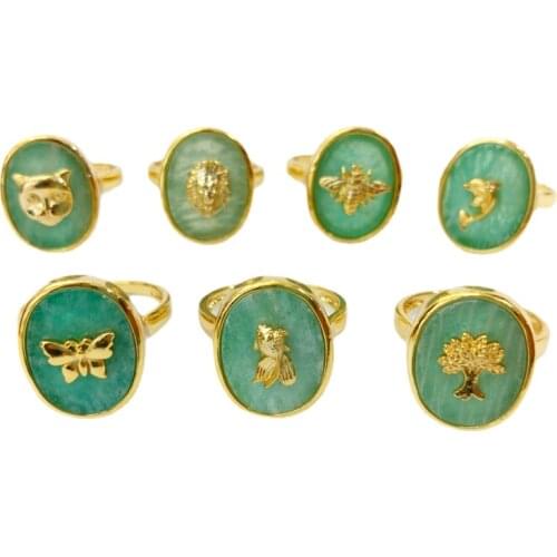 LUX gold color plated Natural amazonite rings Gems stone adjustable rings for women girls gift Mosaic metal animal insects ring