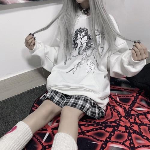 Harajuku Cartoon Devil Print Long Sleeve Pullover Super Dalian Hoodie Oversized Winter Sweatshirt Ladies Streetwear Top