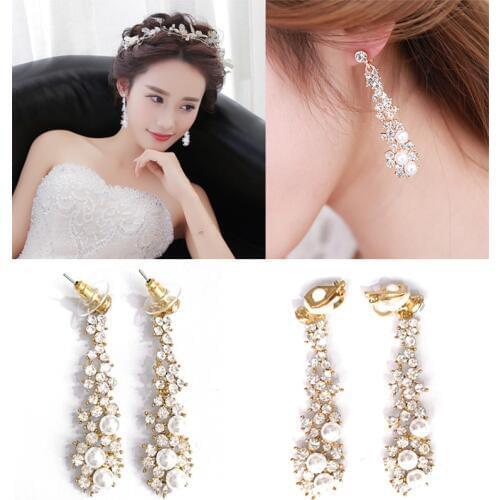 Bride Wedding Jewelry Luxury Full Rhinestone Crystal Clip On Earrings Long Simulated Pearl Earring Without Pierced Ear Clip