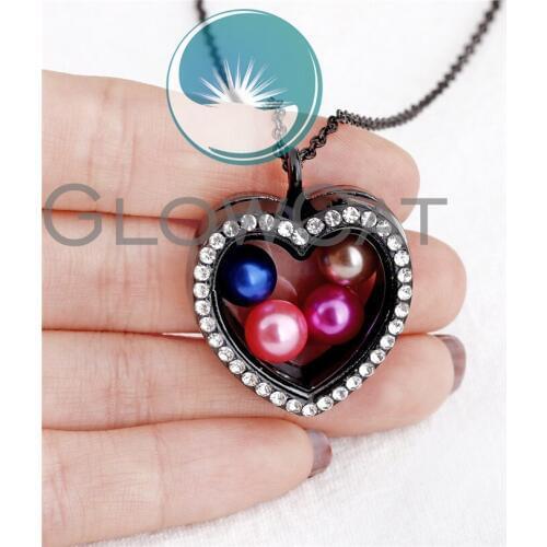 Glass Locket Necklace Black Heart Rhinestone Pendant Beads Pearl Locket Steel Chain Necklace