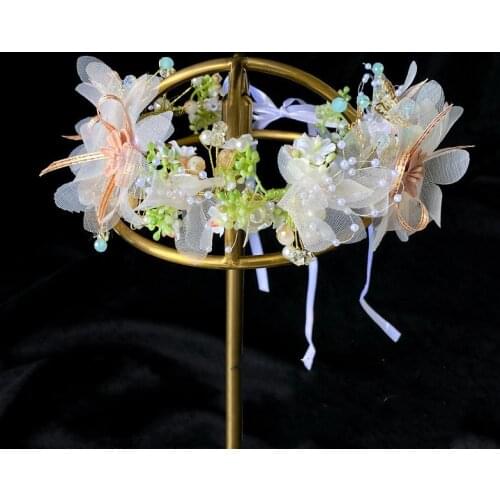 Handmade Wedding White Flower Headbands Pearls Beads Yarn Floral Hairband Riborn Tiaras Hair Wreath Wedding Accessories diademas
