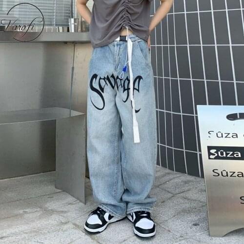 Varofi Street style hip hop lettering loose print jeans ladies retro straight leg pants y2k jeans baggy jeans jeans woman