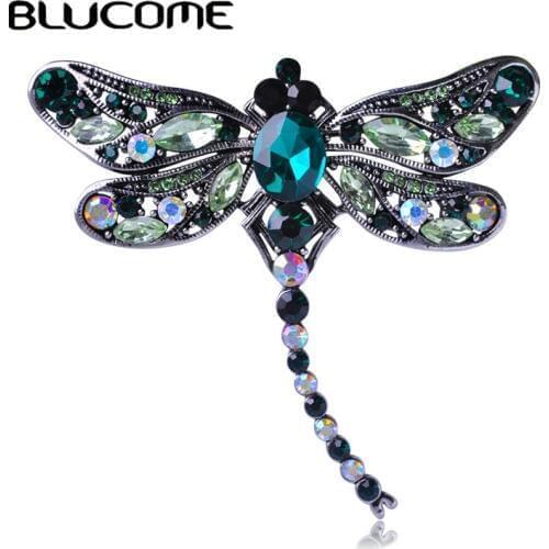 Blucome Green Dragonfly Brooches Corsages Jewelry Shining Crystal Vintage Brooch Crystal Big Broches Scarf Clothes Hijab Pins Up