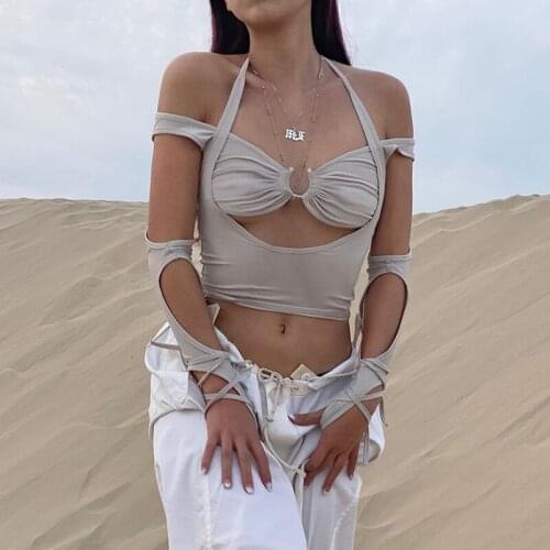 Emo Alternative Gothic Clothing Y2k T-shirt Womens Pure Color Tie Neck Halter Long Sleeve Pleated Blouse Female Ropa Mujer Tops