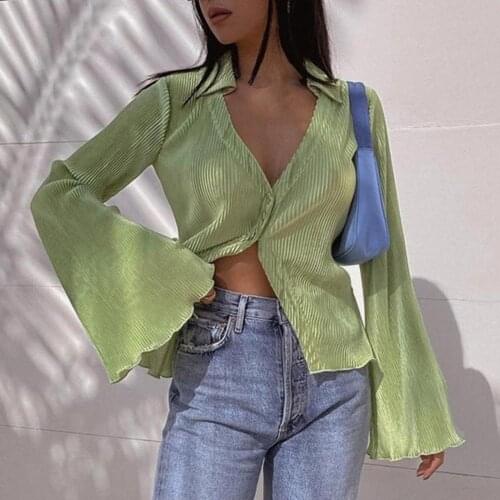 Women Shirt Solid Color Flare Sleeve Autumn Deep V Neck Single Breasted blouse women elegant Streetwear Casual Women Clothing