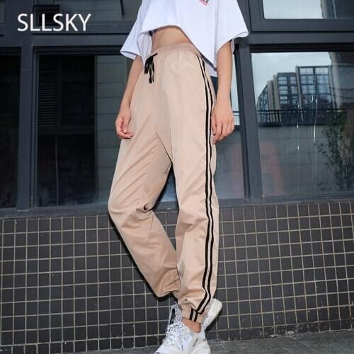 Sllsky Women Side Striped Casual Pants Casual Patchwork Elastic Waist Cargo pants Loose Solid Pleated Jogging Sweatpants