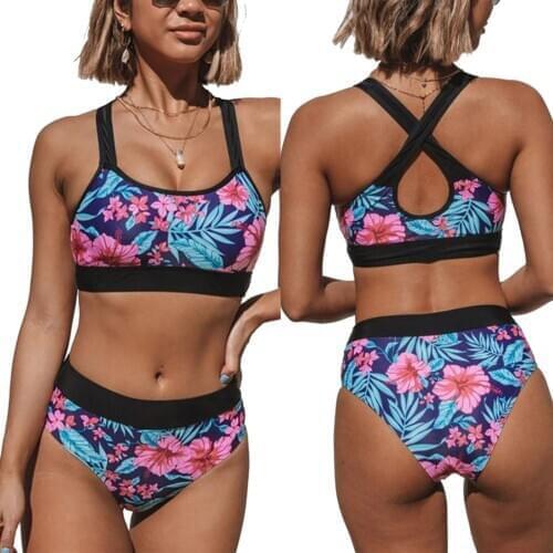 Meihuida Womens Floral Printed Bikini Swimwear Sets, Halter High Waist Two Piece Swimsuits