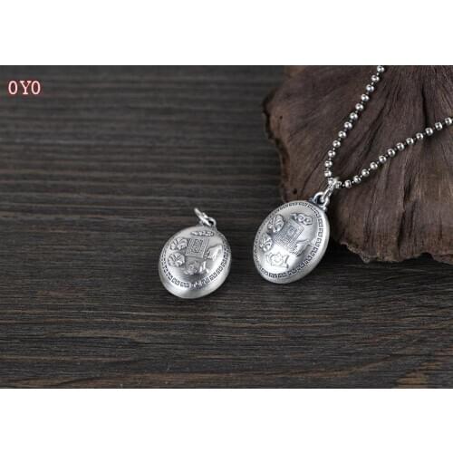 990 Pure Silver Vintage National Style Bergamot Lotus Necklace Pendant Womens Thai Silver Heart Pendant
