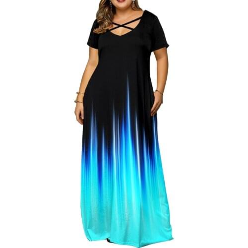 Fashion Aurora Print Plus Size Dresses V-Neck Short Sleeve Loose Maxi Dress Cross Strap Gradient Elegant Long Dress vestidos