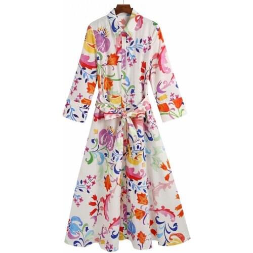 Floral Print Women Dress Turn-down Collar A-Line 3/4 Sleeve Single-breasted Mid-Calf Shirt Dress Streetwear