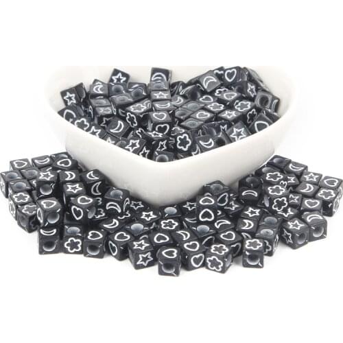 200PCs Mixed Black 6x6mm Acrylic Square Moon Stars Flower Loose Beads For Bracelet DIY Jewelry Making Necklace
