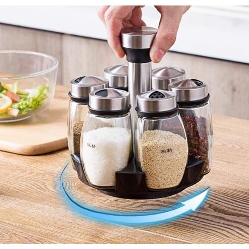 6Pcs/Set Rotating Stainless Steel CruetCondiment Spice Jars Set Salt And Pepper Shakers Seasoning Sprays Kitchen Tool