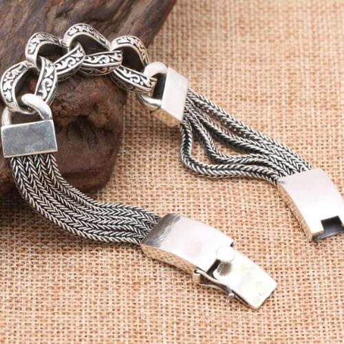925 Sterling Silver Link Chain Stripe mens bangle Bracelet jewelry Fashion Jewelry 20cm A3079
