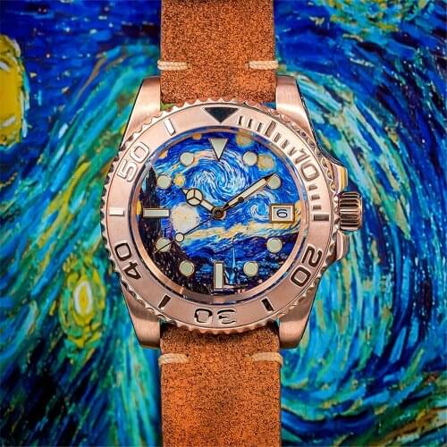 SHIRRYU Mens Bronze Diver Watch Luminous Dial Pattern NH35A Leather Strap Automatic Luxury Retro Mechanical Watches Men 2020