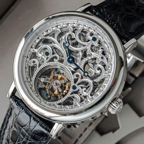 Luxury Hollow Tourbillon Watch Diamond Mens Watch Skeleton Seagull ST8000 Movement Mechanical Men Watches Sapphire Montre Homme