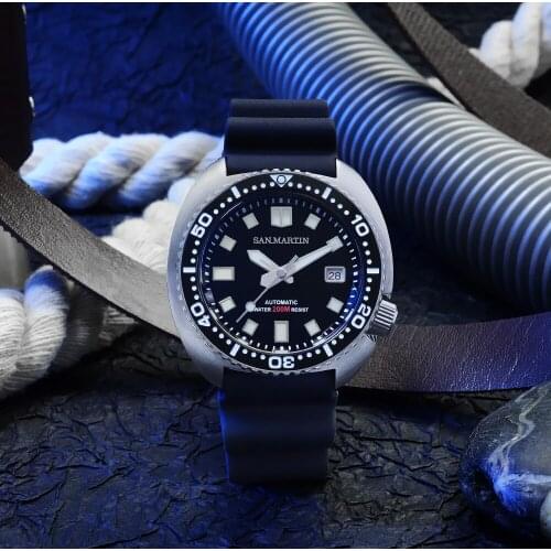 San Martin Diver Watch 6309 Turtle 20 Bar Stainless Steel Men Automatic Mechanical Sapphire Rubber Strap BGW9 Luminous